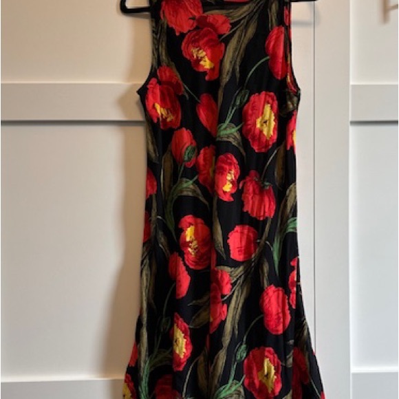 TULIP Dress Midi S/L Cheerful Black Red Green Cotton Spandex EUC Sz L XL - Picture 11 of 11